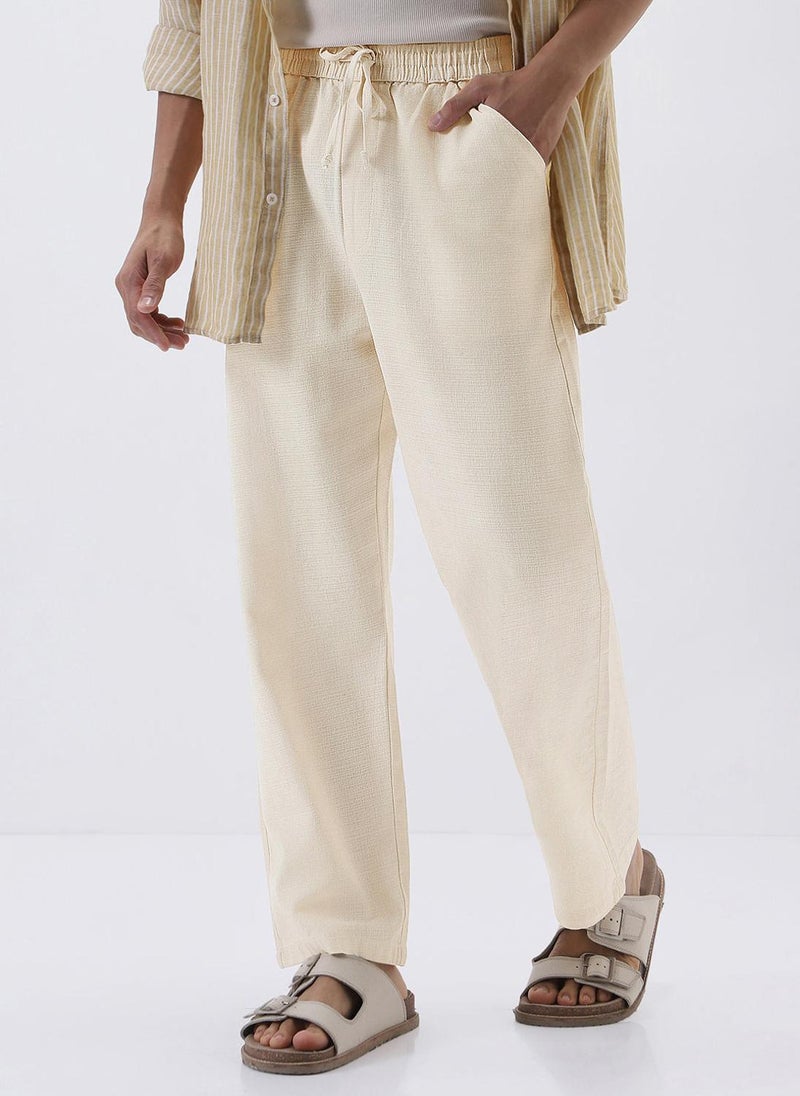 Urbano Fashion Men's Cream Loose Fit Solid Linen Blend Trousers Non-Stretchable - Image 1